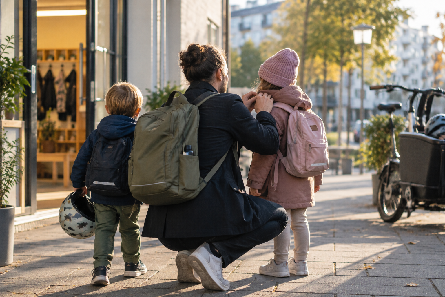 A parent helping two children prepare for their everyday journey.
